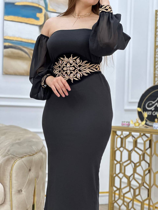 ✨ Kaftan Élégance Royale – Manches Bouffantes & Broderies Dorées ✨