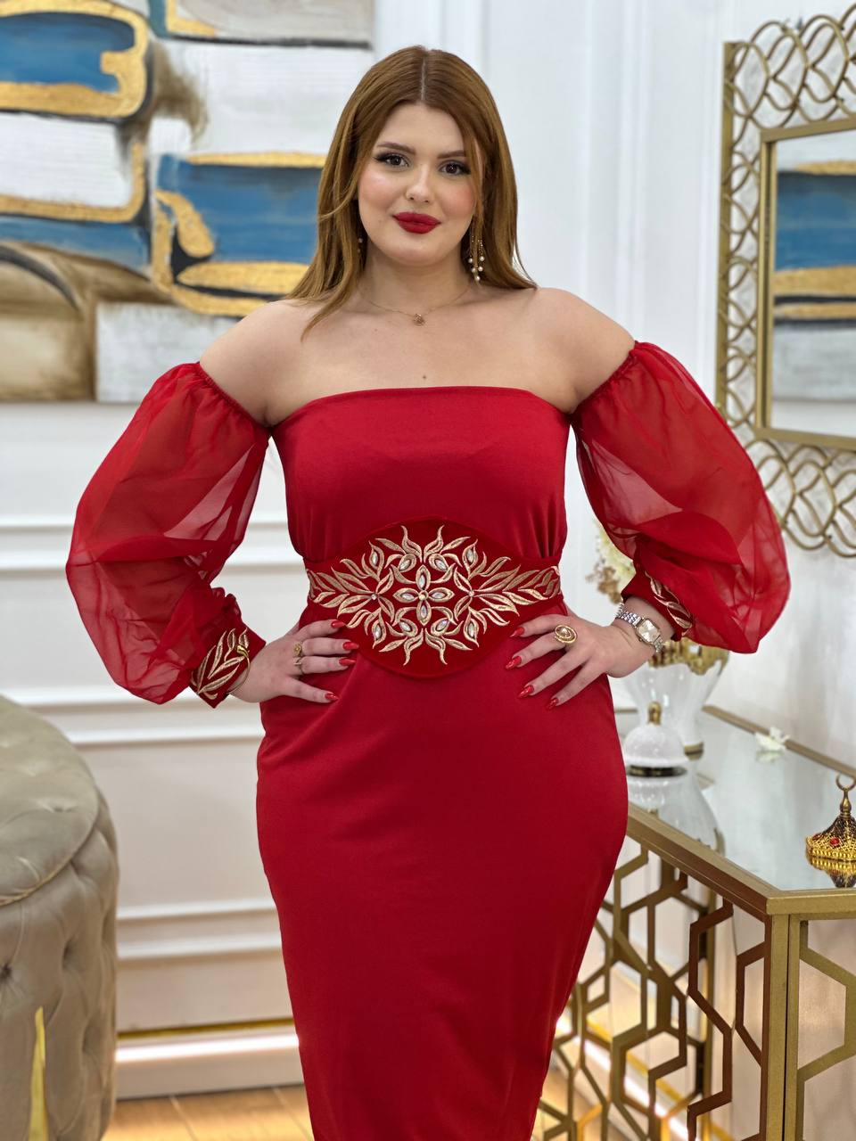 ✨ Kaftan Élégance Royale – Manches Bouffantes & Broderies Dorées ✨